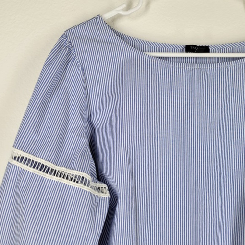 Talbots Plus 1X Blue White Stripe Blouse Top Tie cuffs Boho lace inset - Picture 2 of 8
